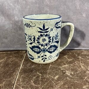 Vintage Stoneware Coffee Tea Mug Blue Floral Folk Art Speckled Made in Japan